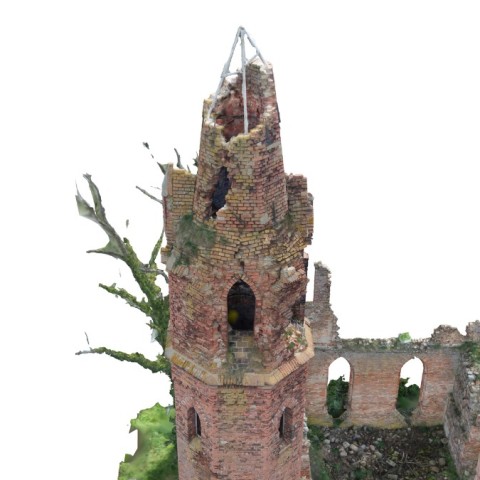 Powiększ obraz: Render modelu fotogrametrycznego - widok z lotu ptaka. Zbliżenie na zniszczenia hełmu wieży.